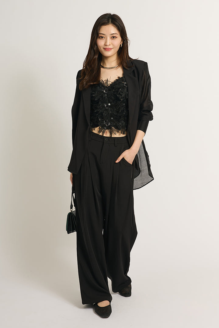 【SET】シアーライトジャケット+フラッフィーキャミソール+サテンワイドパンツ(3set)