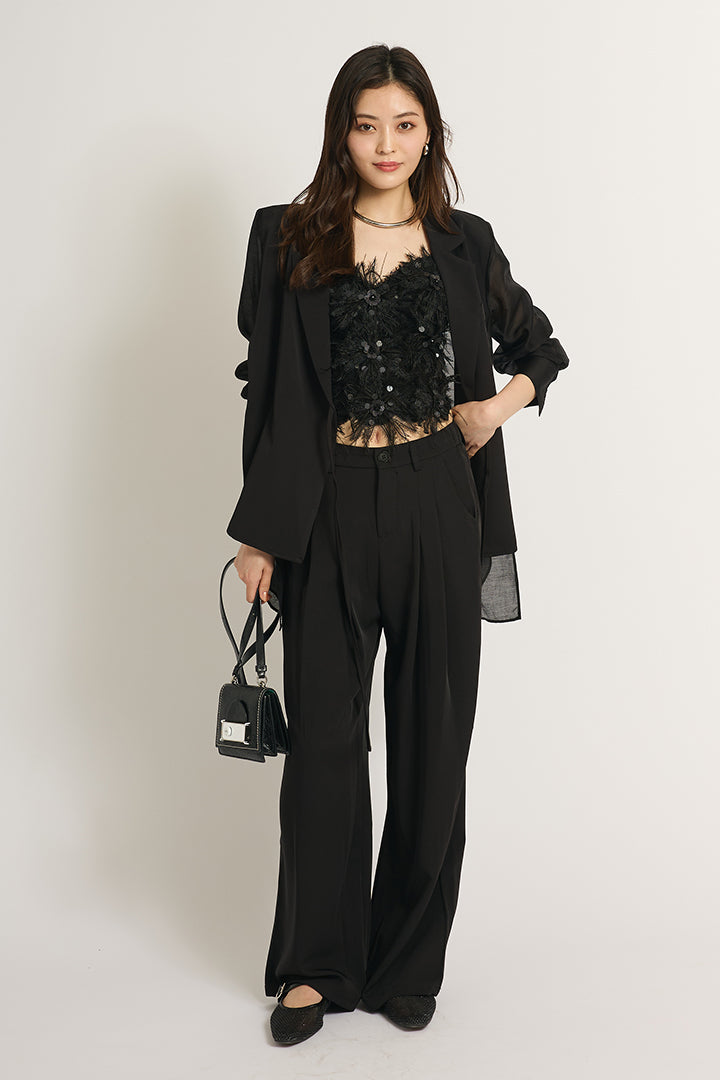 【SET】シアーライトジャケット+フラッフィーキャミソール+サテンワイドパンツ(3set)