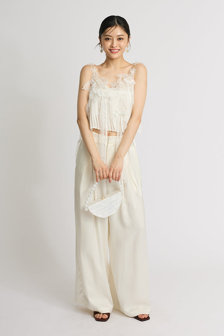 【SET】フラワーレースキャミ+サテンワイドパンツ(2set)