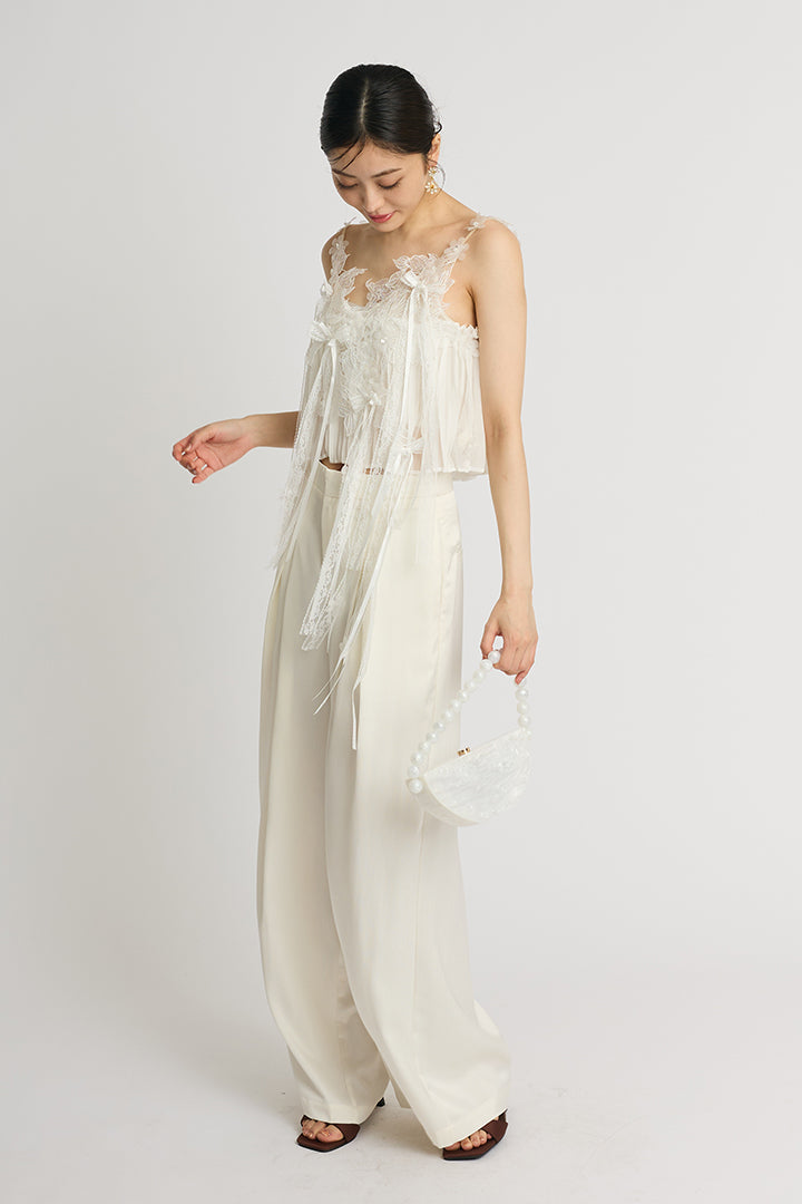 【SET】フラワーレースキャミ+サテンワイドパンツ(2set)