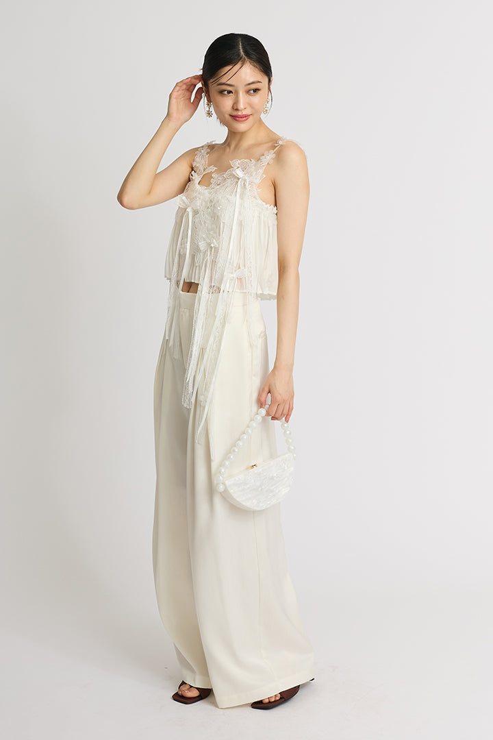 【SET】フラワーレースキャミ+サテンワイドパンツ(2set)