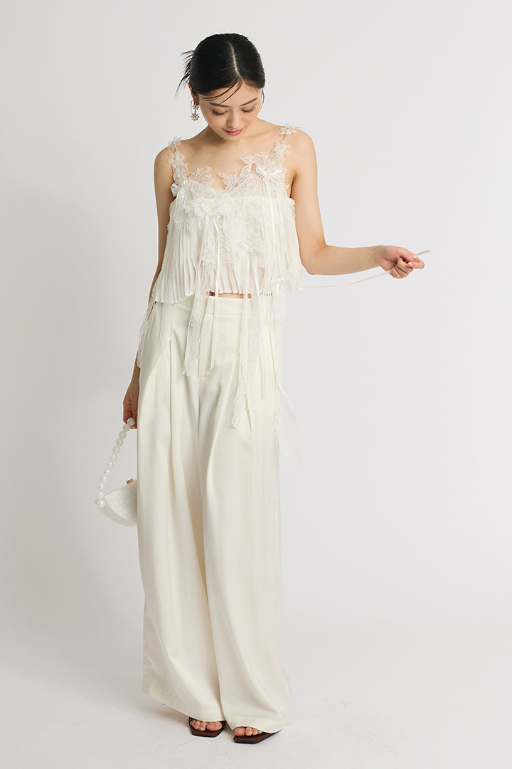 【SET】フラワーレースキャミ+サテンワイドパンツ(2set)