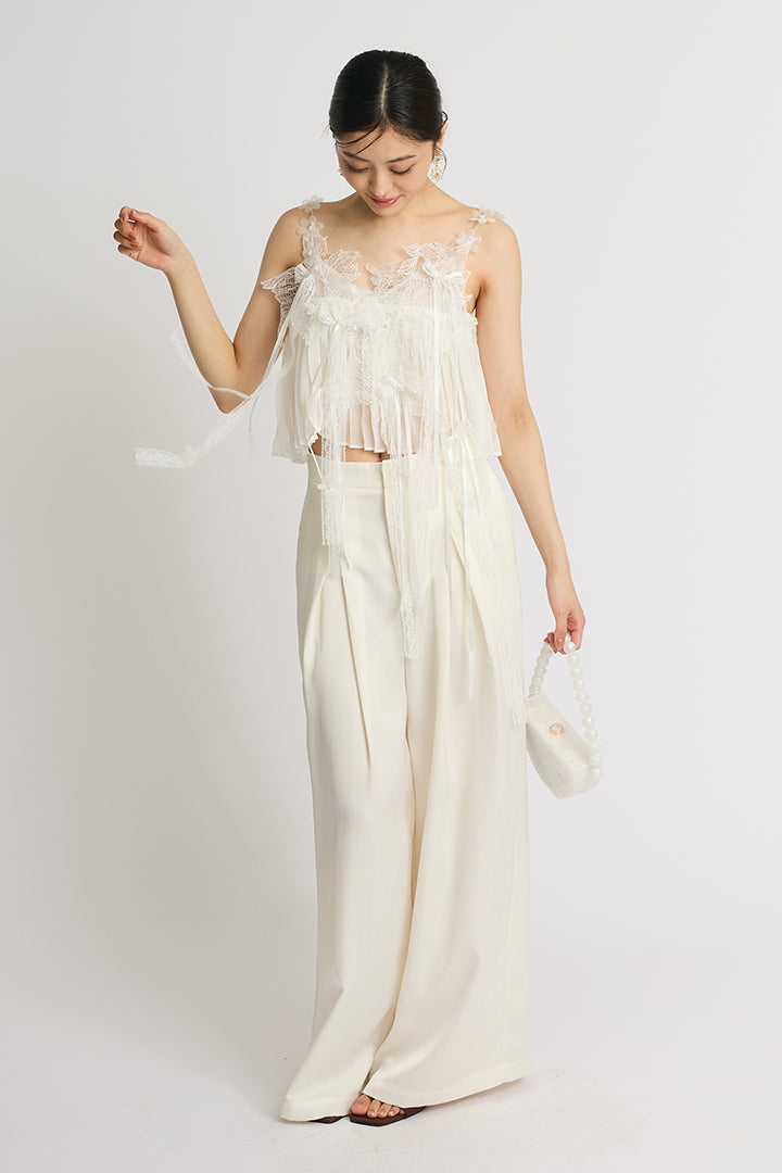 【SET】フラワーレースキャミ+サテンワイドパンツ(2set)