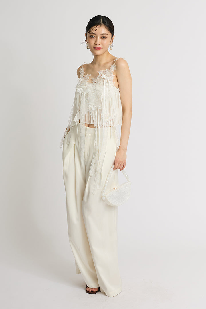 【SET】フラワーレースキャミ+サテンワイドパンツ(2set)