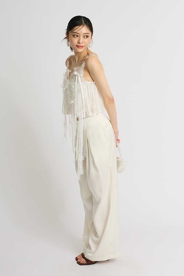 【SET】フラワーレースキャミ+サテンワイドパンツ(2set)