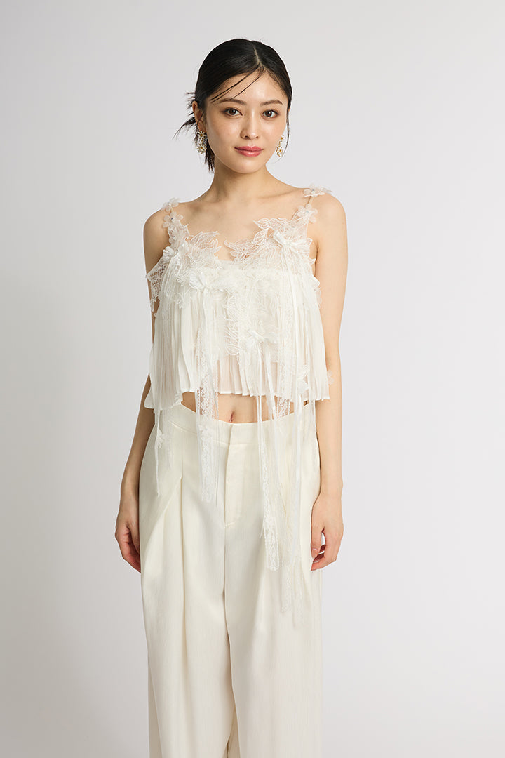 【SET】フラワーレースキャミ+サテンワイドパンツ(2set)