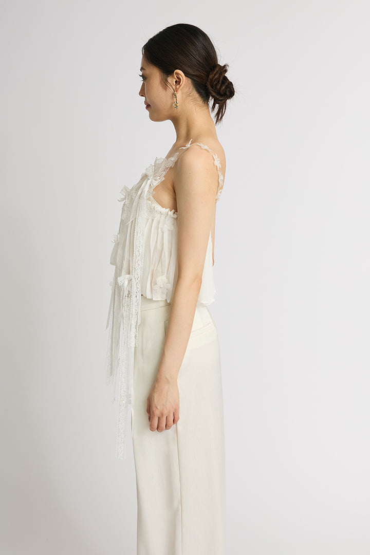 【SET】フラワーレースキャミ+サテンワイドパンツ(2set)