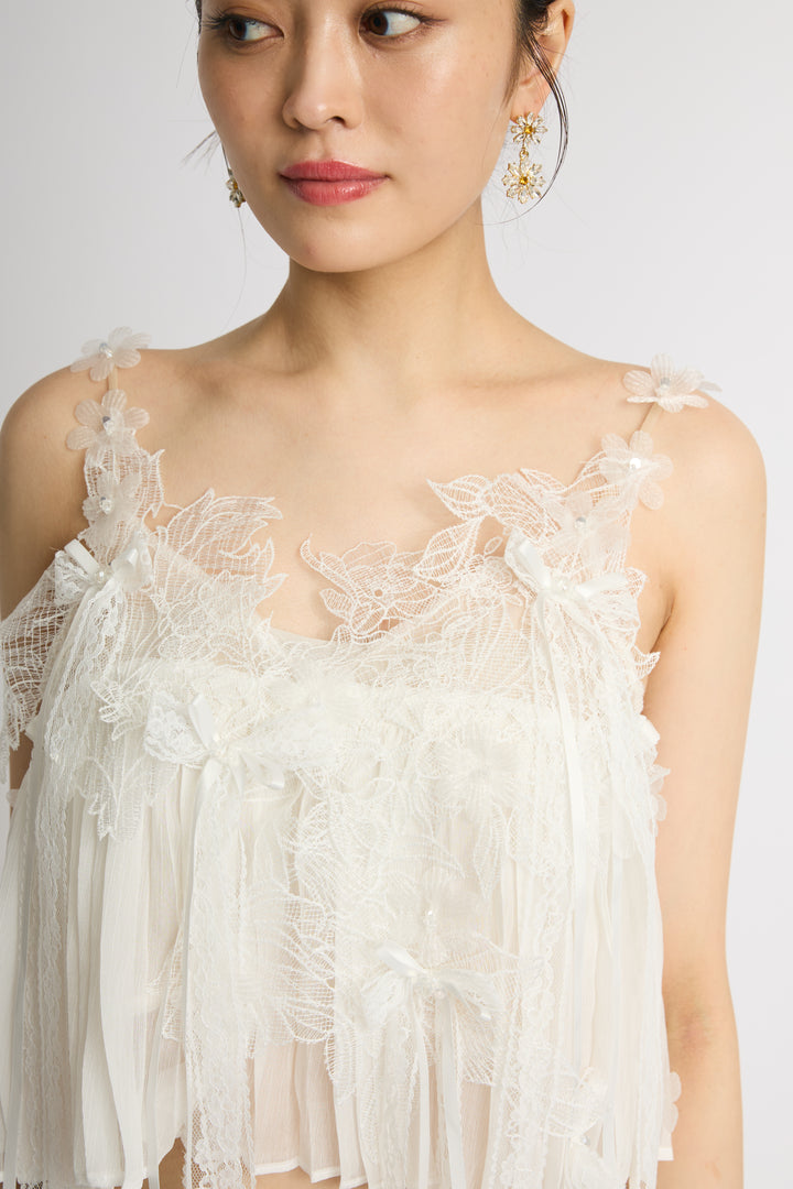 【SET】フラワーレースキャミ+サテンワイドパンツ(2set)