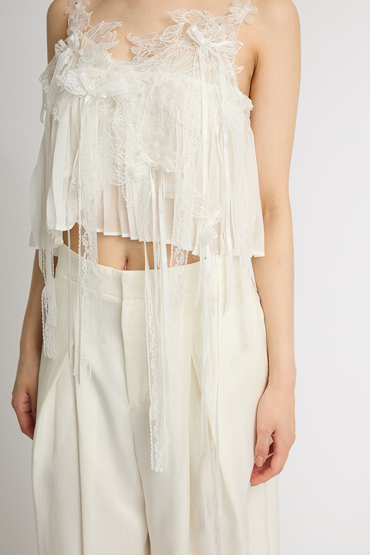 【SET】フラワーレースキャミ+サテンワイドパンツ(2set)